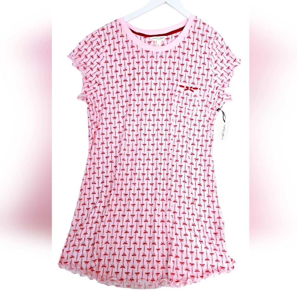 Laura Ashley Pink With Red Bows Nightgown Pajamas Sleepwear Size XL Ruffled Hem